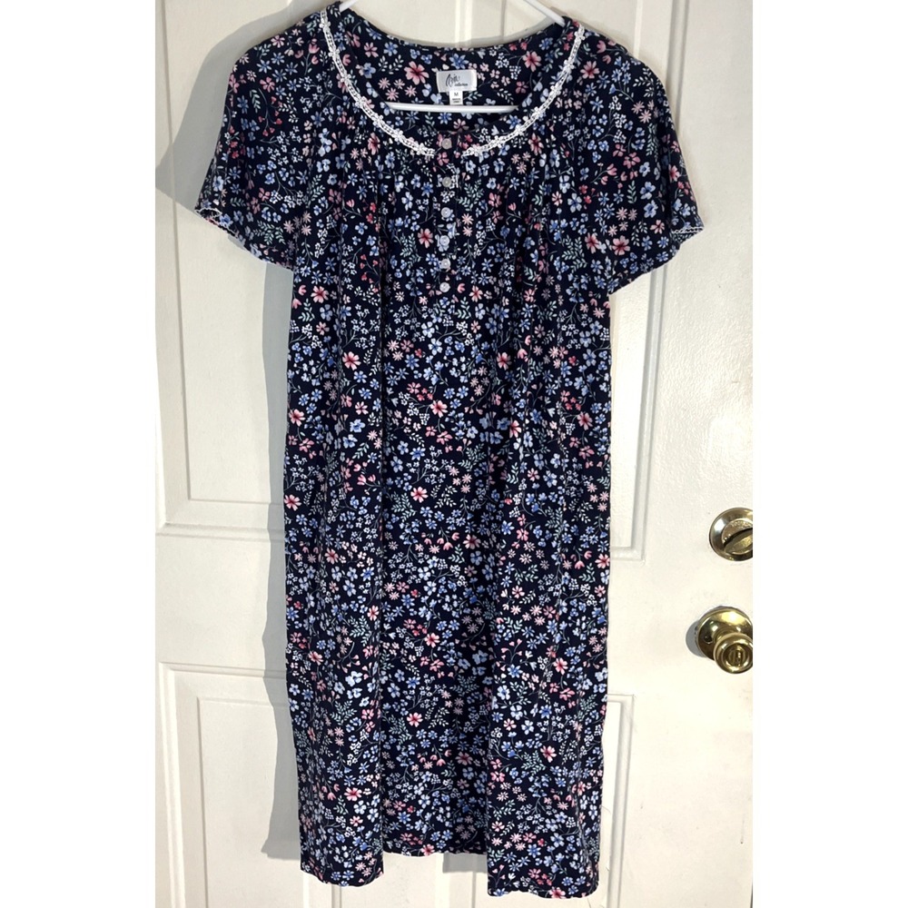 Aria Collection Floral 100% Cotton Knit Nightgown Blue Short Sleeve Women's M